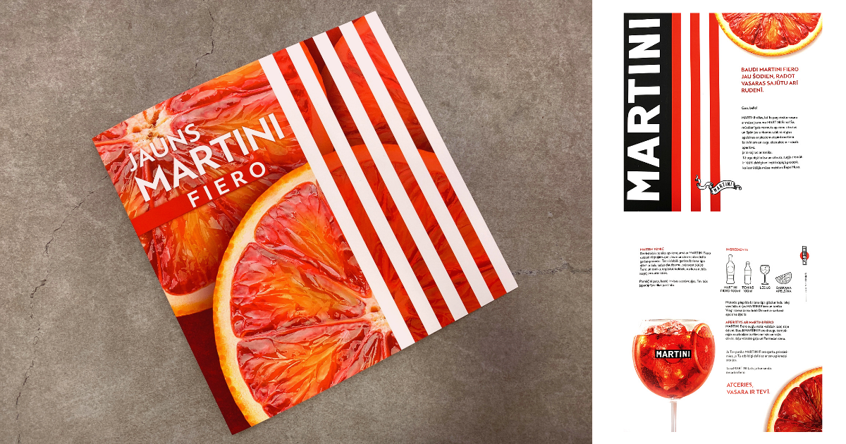 Buklets ar Martini logo un sarkano apelsīnu, iekšā aprakstīta recepte, kā pagatavot Martini un Tonic kokteiļi, kas garantēs vasaras sajūtas drūmajā rudenī