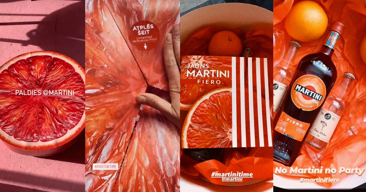 red orange as a package being opened by various people. in the box they find different ingdridents for a martini and tonic cocktail, which guarantees summer feeling during gloomy autumn